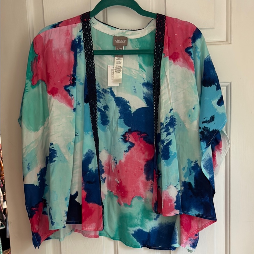Chico's Open-Front Watercolor Kimono - Teal, Navy & Coral